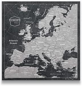Push Pin Europe Map Board - With Push Pins to Mark Europe Travel - Handmade in Ohio, USA - Design: Modern Slate