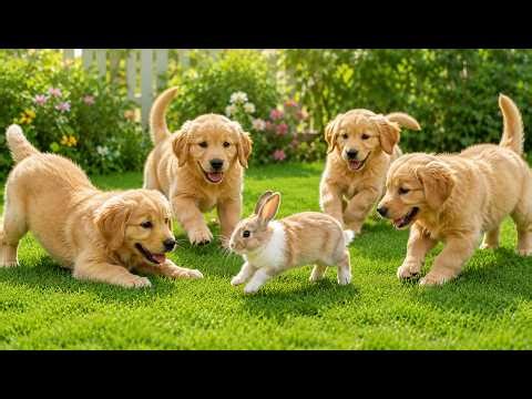 🌿🐶 Happy Puppies Running After Fluffy Rabbits Outdoors – Funny Dog Moments