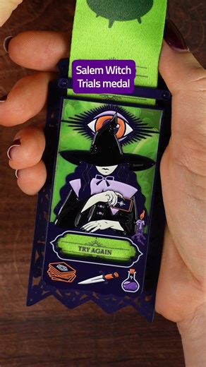 Explore the landmarks of America’s most infamous trials with the Salem Witch Trials Virtual Challenge. The Salem Witch Trials will take you through 30 miles (48 km) as you discover the most infamous trial in American History! Discover the superstitions that turned neighbors into accusers and why a simple birthmark could condemn a person as a witch. Complete the challenge to earn the Salem Witch Trials glow-in-the-dark medal. The medal design is inspired by vintage tarot cards, with a ribbon that