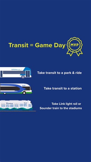 Seattle sports fans, it’s a packed weekend! - Mariners playoff games: Saturday & Sunday, Oct 5 (5:03 p.m.) - Seahawks vs. Tampa Bay: Sunday, Oct 5 (1:05 p.m.) With both games on Sunday, parking at Sounder and Link stations will be tight. Beat the rush and ride transit instead: - Sounder trains running for fans all weekend - Take a Community Transit bus to a transit center, then connect to Link light rail (every 10 minutes) - Skip the ticket lines and get an ORCA card and load it in advance. Visi