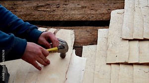 Arranging cedar wooden shingle shake wood planks
