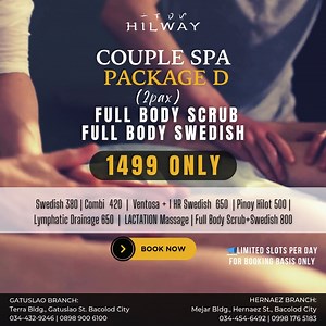✨ COUPLE BODY SCRUB WITH 1-HOUR FULL BODY MASSAGE (2 PAX) FOR ONLY ₱1,499! ✨ 💆‍♂️💆‍♀️ Indulge in a blissful spa experience with your special someone at Hilway Wellness Hub! Treat yourselves to a Couple Body Scrub followed by a relaxing 1-hour full-body massage—perfect for unwinding and rejuvenating together. 💆‍♂️💆‍♀️ ✨We also have other Couple Spa Packages Available, message us to learn more! 🔥 Limited Slots Available Daily! Book Now! 📌 This deal is available on a booking basis only. #Coup
