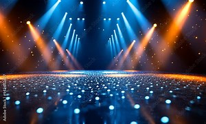 Stage lights with blue and orange spotlights and a sparkling floor.