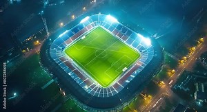 Bird's Eye View of Sports Stadium with Green Turf and Illuminated Lights. Concept Sports Stadium, Bird's Eye View, Green Turf, Illuminated Lights, Aerial Perspective