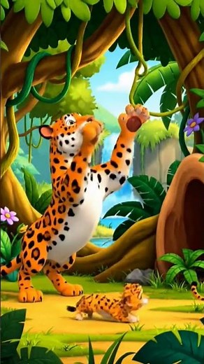 A jaguar and its four cubs were playing together cartoons