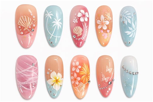 Aloha Bloom Summer Beach Vibe Flower Press on Nails, French Tip Nails, Spring Summer, Colorful 3D Nail - Etsy