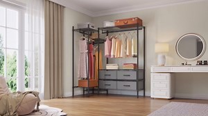 VIPEK V20 Wire Garment Rack Heavy Duty Clothes Rack, Metal Clothing Rack with 6 Shelves, 3 Hang Rods & 4 Fabric Drawers, Compact Wardrobe Closet, 56.7" L x 14.6" W x 70.9" H, Black