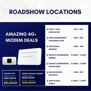 27 reactions | Visit the Telecom Roadshow Team this Saturday! The Trade In Promotion is available at our Roadshow locations and Telecom Customer Care Centers. Get the best online experience with our 4G+ Pocket WiFi and Home Gateway modem. Available for postpaid and prepaid plans. Sign up now: bit.ly/3mvzkrj Recharge: bit.ly/3AEFj27 *Conditions Apply #TelecomFiji #TelecomExperience #TheBestOnlineExperience #Fiji | Telecom Fiji | Facebook