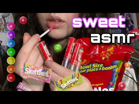 ASMR Taste The Rainbow 🌈 Skittles Lip Gloss Application + Candy Mouth Sounds (kisses, close up +)