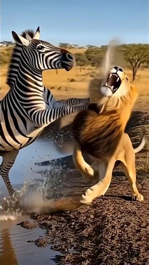 Lion Attacks Zebra but Gets Massive Back Kick to the Face | Wild Animal Fight 4K 😅🤣 #shortsfeed