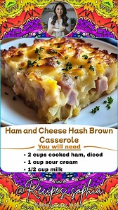 🥔🧀 Ham and Cheese Hash Brown Casserole 🍖🍽️ Cheesy, comforting, and loaded with hearty ingredients—this casserole is an easy crowd-pleaser that brings all the flavor with minimal effort! 🛒 Ingredients: 1 (32 oz) package frozen shredded hash browns, thawed 2 cups cooked ham, diced 1½ cups shredded cheddar cheese (or a mix of cheddar and Monterey Jack) | Recipes sophia