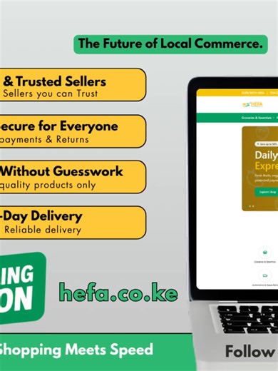 The way you shop locally is about to change. Imagine a marketplace where you get verified sellers, premium products, fair pricing, and same-day delivery — all in one place. That’s exactly what we’re building for you. By signing up early, you’ll be first to access exclusive deals, faster checkout perks, and priority updates when we launch. And for sellers? A powerful new space to reach more customers and grow your business is coming too. 👀 👉 Visit www.hefa.co.ke #ComingSoon #ShopSmarter #Suppor