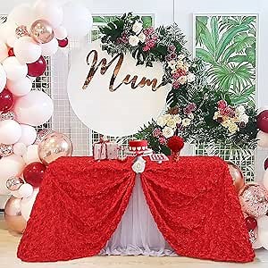 Red Rosette Tablecloth Satin Raised Rosettes 50 x102 Inches 3D Rose Floral Satin Rectangle Tablecloths for Wedding Banquet Party Baby Shower Sweet Cake