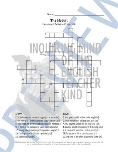 The Hobbit Chapter 8 Vocabulary Games | Crossword Puzzle | Word Search | Digital