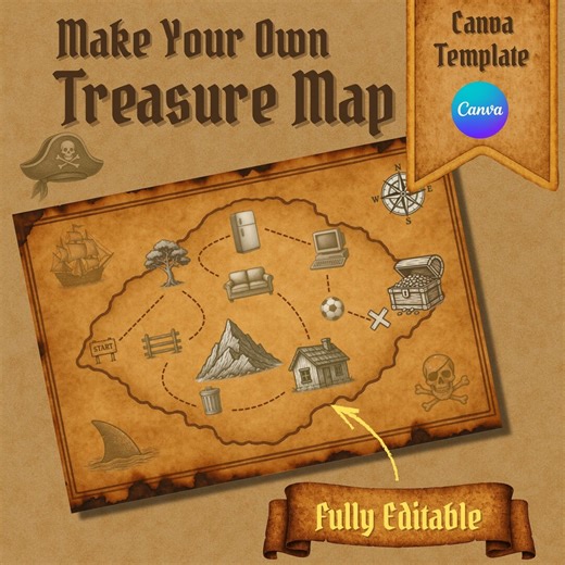 Custom Treasure Map | Personalized Treasure Map Template | Editable Canva Treasure Map | Custom Pirate Map to Design Yourself Treasure Hunt - Etsy