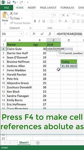 Find your date of birth from age in excel #exceltips #excelsolutions