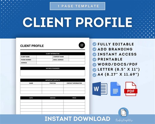 Client Profile Template, Customizable Customer Information Card Form, Organized Client Data Template for Small Businesses & Freelancers - Etsy
