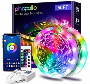 PHOPOLLO Bluetooth LED Strip Lights 50ft, Music Sync Color Changing LED Lights for Bedroom, Kitchen, Party, Room Decor