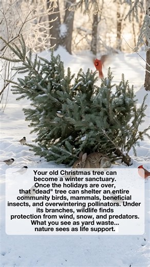 Your Dead Christmas Tree Can Save Winter Wildlife 🎄❄️ After the holidays, your discarded Christmas tree can become a vital winter shelter: • Small birds hide from wind and predators in its branches. • Rabbits and small mammals use it as a warm, insulated refuge. • Overwintering insects find protection in the needles and bark. Simply place your tree outside and let nature use it. Sometimes the smallest action can help wildlife survive the hardest months. 🌟 #ChristmasTree #ProtectWildlife #Winte