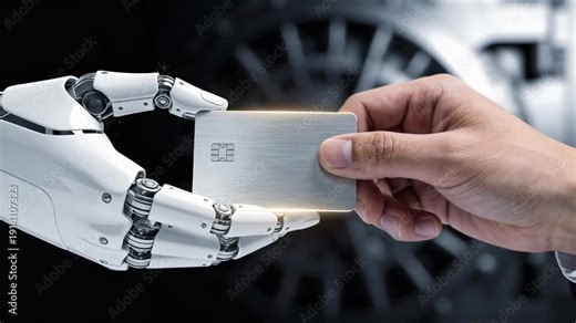 chargeback management - Robotic Hand Passing Platinum Credit Card to Businessman in Front of Bank Vault