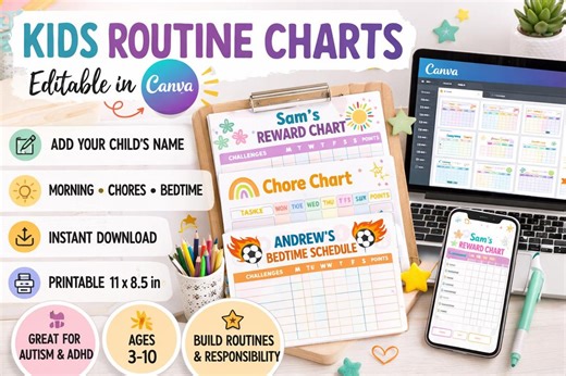 Editable Kids Routine Charts - Etsy UK