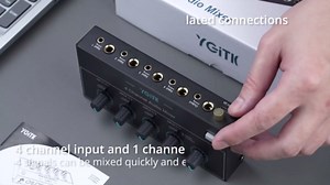 Mini Audio Mixer, 4 Channel Stereo Line Mixer 1/4" & 1/8" TSR Audio Output Input Jack, Line Mixer Stereo/Mono Independent Control and Switch for Guitars,Bass,Keyboards, Dynamic Microphone