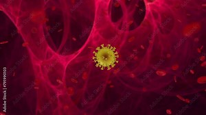 Study herpes virus division under electron microscope. Yellow spherical virus amidst human body's red tissues. Ideal for understanding herpes virus replication. close up 3d animation concept