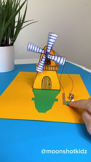 DIY interactive 3D Windmill. Easy paper circuit project for beginners. You will need: - Mini dc motor - Conductive copper tape - Button battery - Construction paper - A piece of hot glue stick to attach helices to motor. #papercraft #stemteacher #learnontiktok #papercircuit #scienceathome
