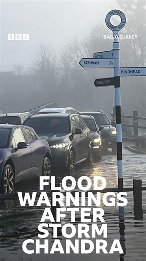 Flood warnings are in place along the River Wey following heavy rain from Storm Chandra. Our reporter is in Tilford, where motorists have continued to drive through the flood waters. More here: https://bbc.in/465UGTA | BBC Surrey