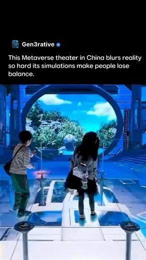 AI | Technology on Instagram: "A viral video is drawing attention to China’s Metaverse Theater in Shanghai, where massive LED walls and floors project fully immersive scenes like underwater worlds and snow-covered bridges. The visuals are so convincing that some visitors appear to stumble as their brains react to the illusion of motion. The effect is linked to vection, where visual cues override balance signals from the inner ear. Research has shown that highly immersive visual environments can