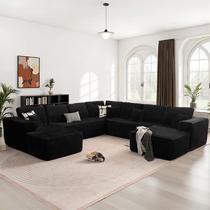 Toject Cloud Sectional Couch, Modern Modular Sleeper Couch with Deep Seat Chaise Lounge, No Assembly Required, Plush Corduroy Sofa Couch with Ottoman for Living Room, Black