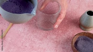 Step by step tutorial making blue matcha tea. Step four, pour your tea into the cup, add some milk, enjoy the blue matcha latte