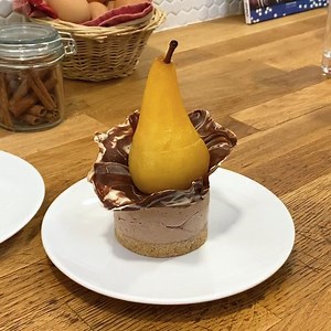 Triple chocolate poached pears