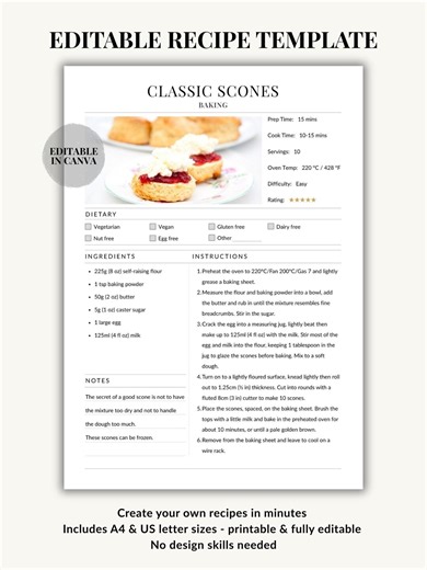 Recipe Card Template, Editable Canva Template, A4 & US Letter Recipe Page, Printable Blank Recipe Planner, Digital Download - Etsy