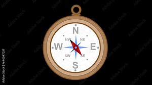 video animacion compass cartoon moving the needle. On a transparent background with zero alpha channel