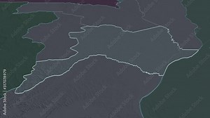 Cuvette, region with its capital, zoomed and extruded on the administrative map of Congo Brazzaville in the conformal Stereographic projection. Animation 3D