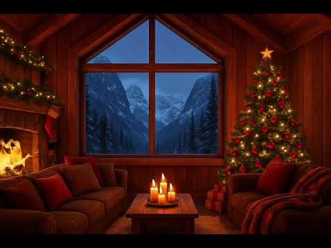 Cozy Christmas Cabin Ambience 🎄 Crackling Fireplace, Candlelight & Gentle Snowfall (1 Hour)