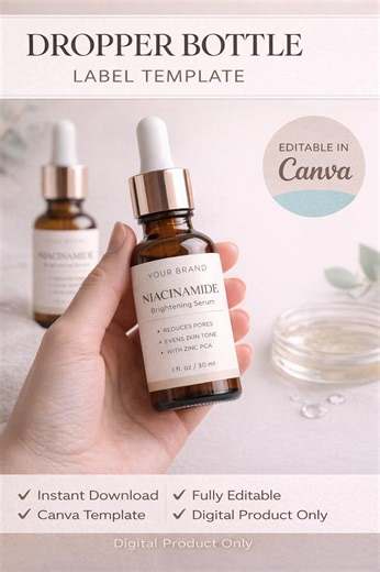 Dropper Bottle Label Template Editable in Canva, Skincare Serum Label Template, Cosmetic Packaging Label, Niacinamide Serum Bottle Label, Sm - Etsy Canada