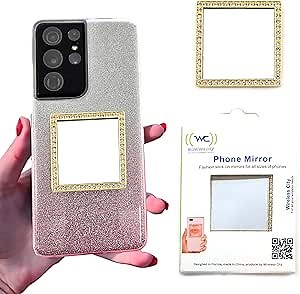 Wireless City Square Mirror Stick-On - Gold Diamond Bling Cell Phone Mirror for Phone Case with Cubic Zirconia (5CM Mini), Ideal for Makeup & Selfies, Perfect for Women’s Touch-Ups