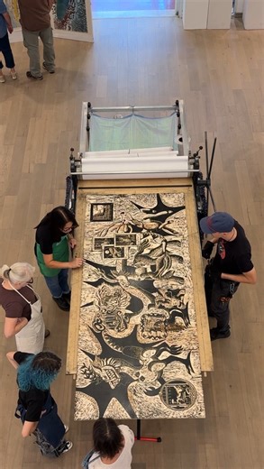 Lyell Castonguay / BIG INK on Instagram: "The Big Tuna printing a giant woodblock carved by @lucidmaws at the Art League of Long Island. 🤯 Ready to carve your own? Sign up today (link in bio) and join us for an epic printmaking workshop. Beginners welcome! SPRING 2026 TOUR: @americansignmuseum / Cincinatti, OH / Mar 21-22 @arvadacenter / Arvada, CO / Apr 3-4 @sierra_meadows / Ahwahnee, CA / Apr 10-11 @whit_print / Eugene, OR / Apr 18-19 @yellowstoneartmuseum / Billings, MT / Apr 25-26 @colorink