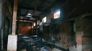 Ruins of abandoned industrial warehouse, dark creepy corridor of manufacturing factory workshop with columns, destroy and demolition concept, toned Stock Video