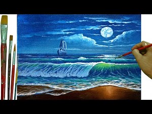 How to Paint Moonlight over Beach with Crashing Waves and Ship in Acrylic