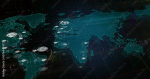 Cyber eye spying and security control symbols over world map. Seamless looped technology concept.