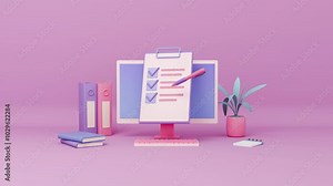 Time management and planning strategy 3d animation. Computer monitor, desk setup. Schedule, to-do list. project tasks, marketing, deadline concept. Workflow organization