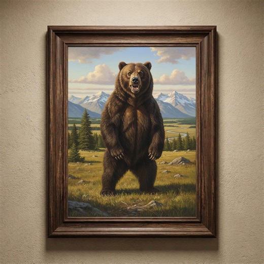 Grizzly Bear Wall Art Print : Rustic Mountain Landscape Painting for Cabin Decor - Etsy