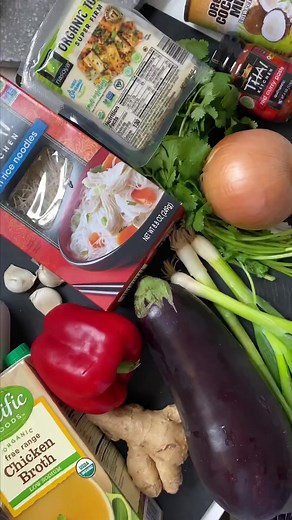 EGGPLANT & TOFU THAI RED CURRY NOODLE SOUP 🍜🤤 inspired by a recipe on Damn Delicious! Recipe below! For 3 other go-to weeknight recipes of mine, go to my YouTube channel and watch my latest video! Ingredients: * 1 red bell pepper, diced * 1 onion, diced * 3 cloves of garlic, pressed * 1 tbsp of fresh ginger, grated * 3 scallions, chopped * 1/2 cup of fresh cilantro, chopped * 1/4 cup of fresh basil, chopped * 1 lime, juiced * 1 eggplant, cubed * 1 package of extra firm tofu, cubed * 3 tbsp of 