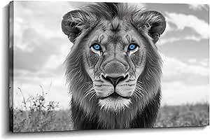 Blue Eyed Lion Picture Canvas Wall Art Black and White Poster Wild Animal Painting Prints Modern Artwork for Living Room Bedroom Home Office Decor Framed(16.00"x24.00")