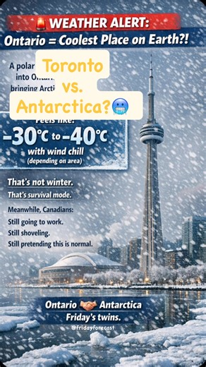 Amrit Dhillon on Instagram: "When a polar vortex decides to personally visit Ontario. ❄️ Extreme Arctic air = feels-like temperatures as low as -40°C. Winter in Canada is not for beginners. “Ontario weather alert: a polar vortex is hitting Toronto this Friday, bringing extreme cold and wind chills down to -40°C! 🥶 #ontarioweather #polarvertex #winterincanada #torontolife #canadalife"