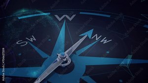 Animation of magnetic needle on compass passing directions and pointing to north over globe in space Stock Video