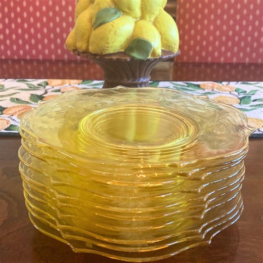 Vintage 1930s Lancaster Glass Jubilee 8-inch Plates | Set of 4 | Yellow Topaz Depression Glass With Etched Flowers - Etsy
